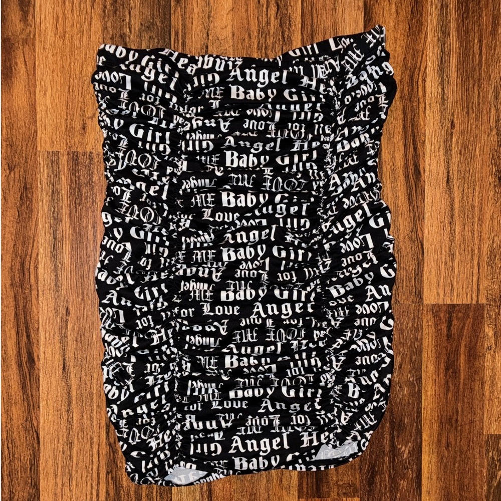 Almost Famous Women 3X Black White Graphic Ruched Tube Top BabyGirl Gothic Print
